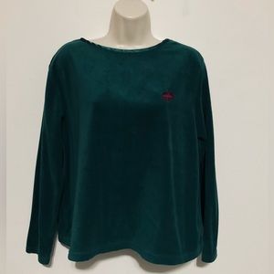 Women’s small fine fleece pullover top emerald green red moose long sleeve.